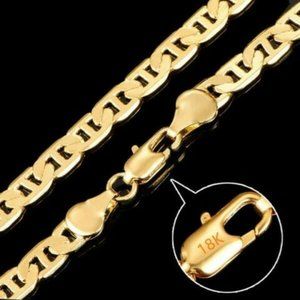 18K Solid Yellow Gold Cuban Flat Figaro Link Flat Chain Necklace and Bracelet